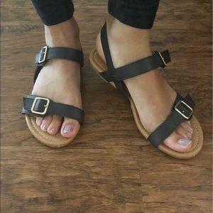 Two strap black buckle sandals